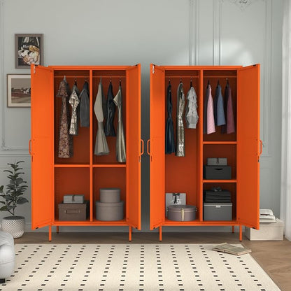 Lockable Closet Metal Wardrobe 67" Orange 2 Door Wardrobe Bedroom Storage Cabinet Adjustable shelf Multi functional metal Storage Cabinet with hanging rail for domestic use 18.1" D x 31.5" W x 67" H