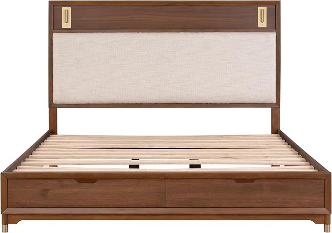 Furniture of America Forma Modern Solid Wood 4-Piece Bedroom Set with Storage Bed with LED Lights, Ball-Bearing Glide on Nightstand and Dresser with Mirror, No Box Spring Needed, King, Walnut