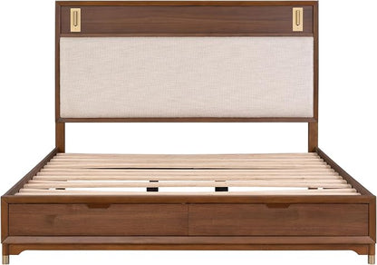 Furniture of America Forma Modern Solid Wood 4-Piece Bedroom Set with Storage Bed with LED Lights, Ball-Bearing Glide on Nightstand and Dresser with Mirror, No Box Spring Needed, King, Walnut