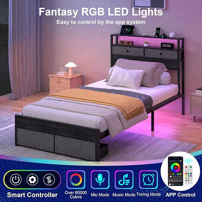 Twin Bed Frames with LED Lights and Charging Station, Platform Bed with Metal Slats, Wood Headboard with 2 Fabric Drawers and Storage Shelves, No Box Spring Needed