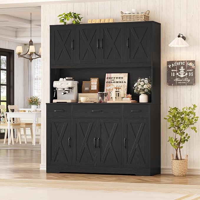 HOSTACK 71" Tall Pantry Cabinet with Charging Station, 55" Wide Kitchen Pantry Storage Cabinet with Countertop, Large Kitchen Hutch with Storage Drawers for Dining Room, Black Wood Grain