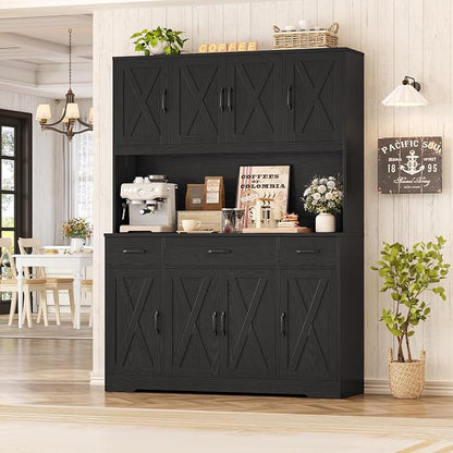 HOSTACK 71" Tall Pantry Cabinet with Charging Station, 55" Wide Kitchen Pantry Storage Cabinet with Countertop, Large Kitchen Hutch with Storage Drawers for Dining Room, Black Wood Grain
