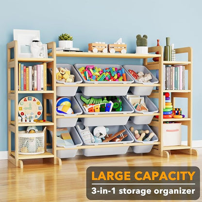 SpaceAid Large Toy Storage Organizer 9 Shelves 9 Bins, Toy Organizers Storage Bookshelf, Kids Bin Shelf Toys Box Bookcase for Bedroom Playroom Organization Room Decor, Neutral Gray