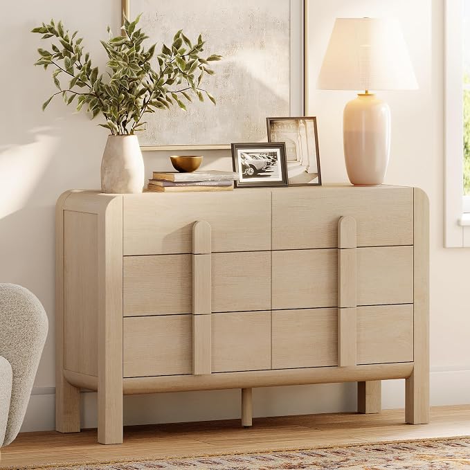 WAMPAT Beige Dresser for Bedroom, 47.2" W 6 Drawers Mid Century Modern Chest of Drawers, Wooden Dressers TV Stand with Curved Profile Design, Storage Organizer for Bedroom, Closet, Hallway