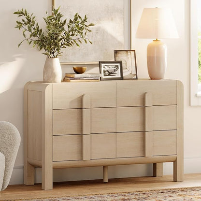 WAMPAT Beige Dresser for Bedroom, 47.2" W 6 Drawers Mid Century Modern Chest of Drawers, Wooden Dressers TV Stand with Curved Profile Design, Storage Organizer for Bedroom, Closet, Hallway