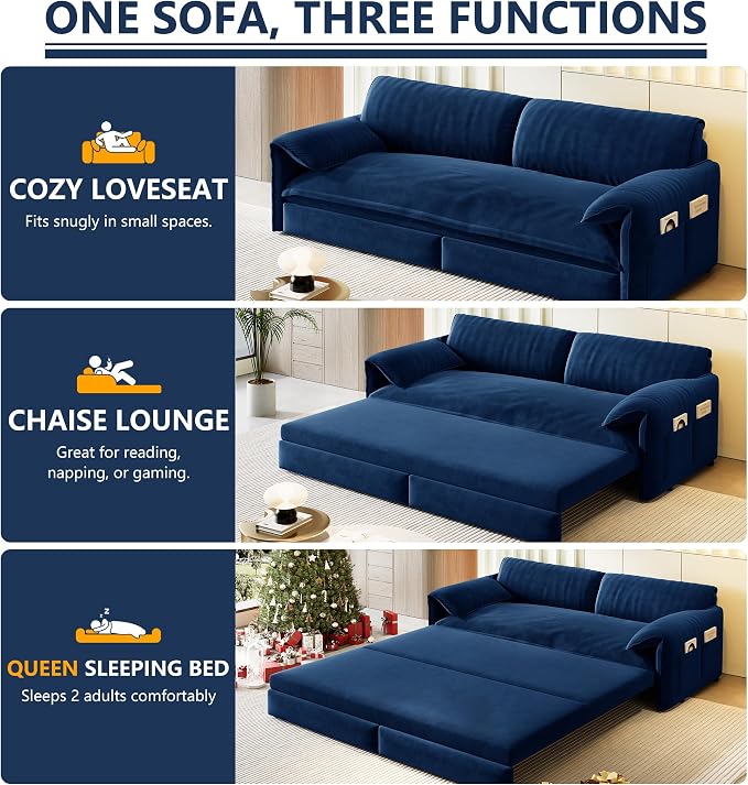 66" Sofa Bed Queen Size, Pull Out Couch Bed, 3-in-1 Convertible Sleeper Sofa with Side Pocket, Modern Velvet Futon Couch for Living Room, Small Space, Apartment, Bedroom, Blue