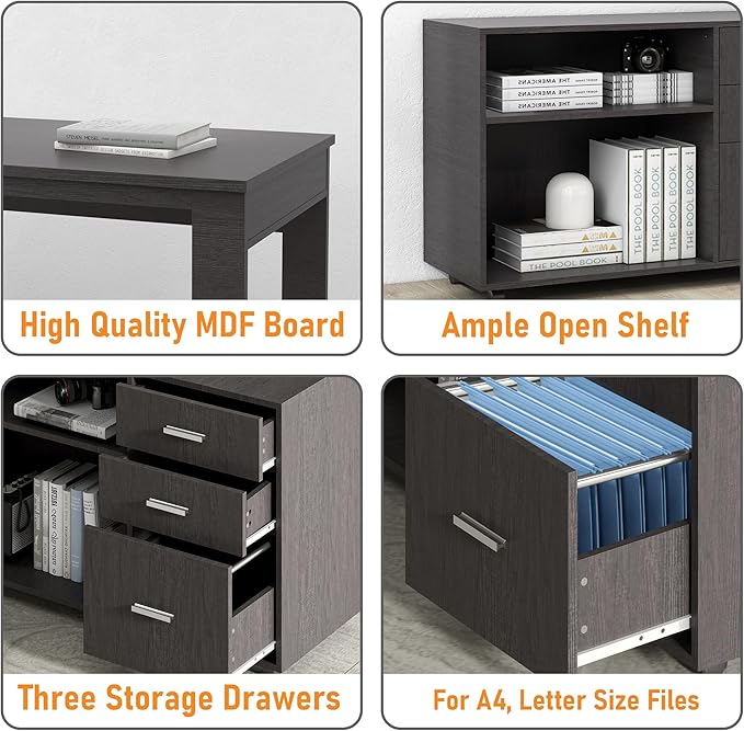 MU 55inch L Shaped Desk, Corner Computer Desk with 3 Drawers and 2 Shelves, Writing Office Table with Storage File Cabinet, Large Executive Desk with Wheels for Home Office, Bedroom (Grey)