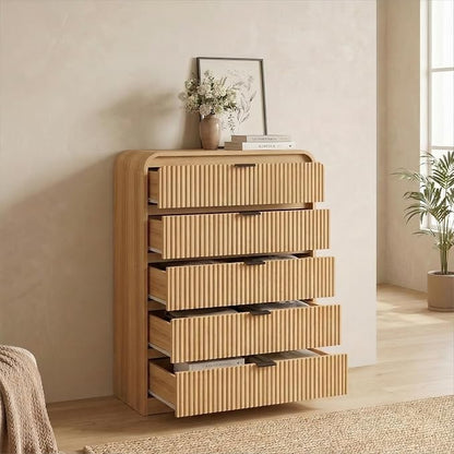 FURSUN Fluted 5 Drawers Dresser for Bedroom, 48" Tall Wooden Modern Dresser with Metal Handle, Curved Profile Design, Storage Organizer for Bedroom, Living Room, Hallway, Natural Oak