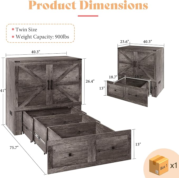 AMERLIFE Twin Murphy Bed Cabinet with Charging Station and Storage Drawer, Farmhouse Foldable Platform Bed for Home Office, Apartment, Small Spaces, Rustic Grey