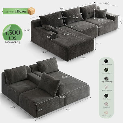 Homkdom 98" Boneless Couches for Living Room, L-Shape Modular Sectional Sofa with Deep Seat Oversized Left Facing Chaise, Cloud Couch for Apartment, Small Space (Dark Gray)