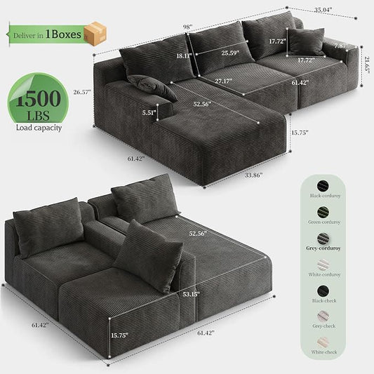 Homkdom 98" Boneless Couches for Living Room, L-Shape Modular Sectional Sofa with Deep Seat Oversized Left Facing Chaise, Cloud Couch for Apartment, Small Space (Dark Gray)