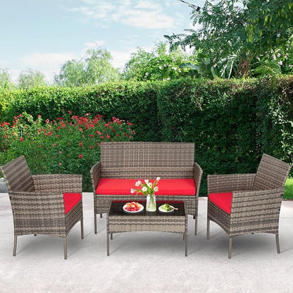 FDW | 4-Piece Patio Furniture Set | Gray & Red |Outdoor Wicker Furniture with Coffee Table | Modern Rattan Chairs Conversation Set | Outdoor Seating | Weather-Resistant | for Porch, Garden, Lawn