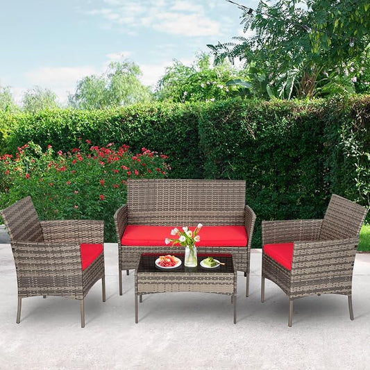 FDW | 4-Piece Patio Furniture Set | Gray & Red |Outdoor Wicker Furniture with Coffee Table | Modern Rattan Chairs Conversation Set | Outdoor Seating | Weather-Resistant | for Porch, Garden, Lawn