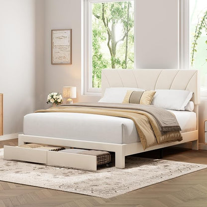 Garvee Queen Size Bed Frame with 2 Storage Drawers & Adjustable Headboard, Velvet Upholstered Platform Queen Bed Frame, Wooden Slats Support, No Box Spring Needed, Easy Assembly, Beige