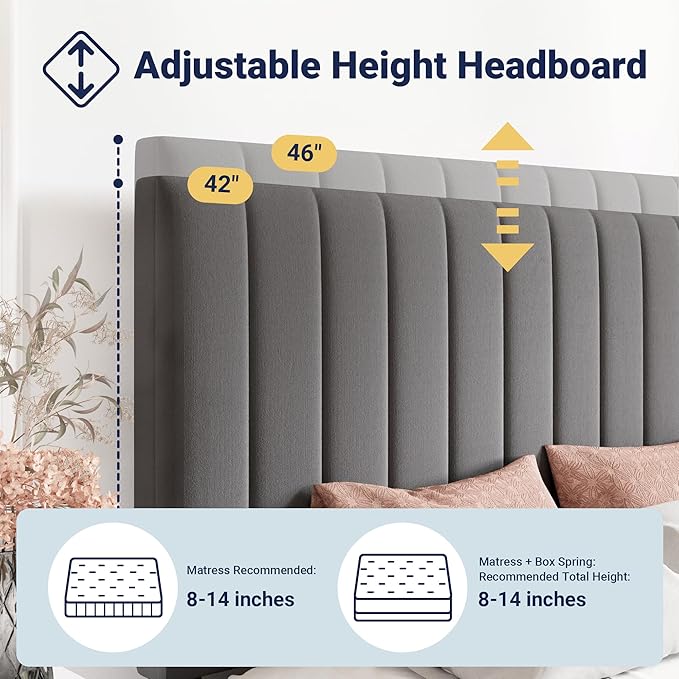 Allewie Full Size Storage Bed Frame, Vertical Channel Tufted Adjustable Headboard, Velvet Upholstered Platform Bed with 4 Oversized Underbed Drawers, Wooden Slats Support, No Box Spring Needed, Grey