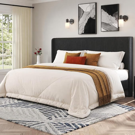 AMERLIFE King Bed Frame, Upholstered Platform Bed with Corduroy Headboard, Easy Assembly Modern Black Bed Frame with Wooden Slats Support, No Box Spring Needed