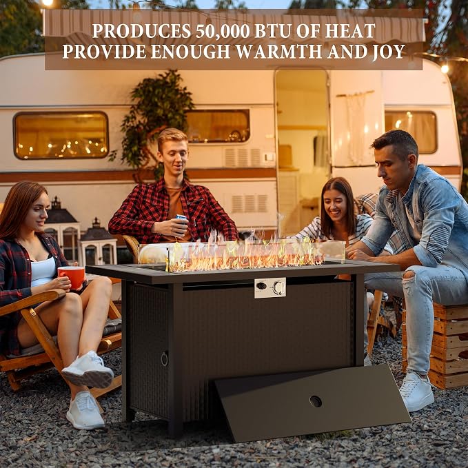 45 inch Propane Fire Pit Table, 50,000 BTU Outdoor Gas Fire Pit Table with Lid, Waterproof Cover, Rectangle Gas Firepit Table for Garden/Patio