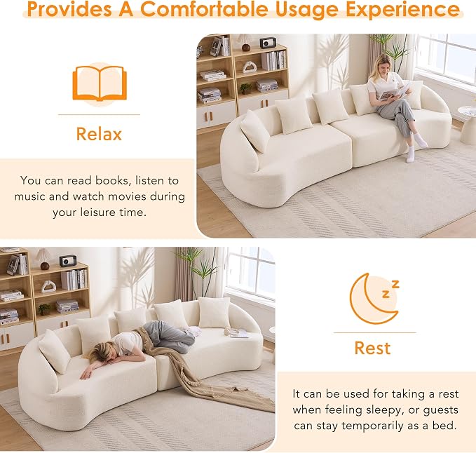 111" Boneless Sofa Couch 4 Seater, Modern Oversized Curved Couch, Luxury Wood Grain Chenille Fabric, Deep Seat Sectional Couches for Living Room (Cream White, 111")