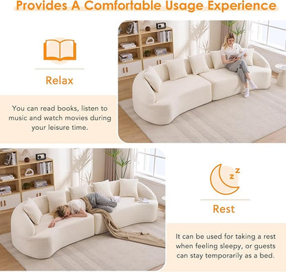 111" Boneless Sofa Couch 4 Seater, Modern Oversized Curved Couch, Luxury Wood Grain Chenille Fabric, Deep Seat Sectional Couches for Living Room (Cream White, 111")