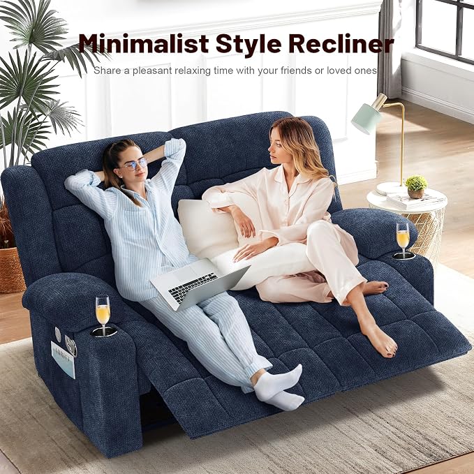 Loveseat Recliner Sofa Set with 2+1 Pieces, 2 Seater Minimalist Style Fabric Manual Pull Tab Reclining Loveseat with USB Charge Ports, Cup Holders, Recliner Couches for Living Room, RV, Blue