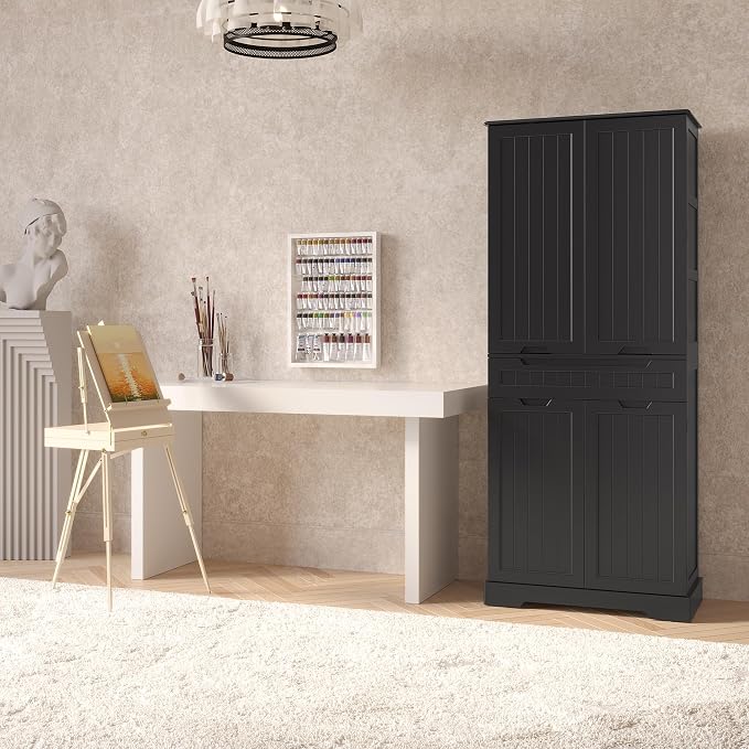 Gizoon 70" Tall Kitchen Pantry Cabinet with Doors and Adjustable Shelves, 5-Tier Multipurpose Pantry Storage Cabinet with Drawer Freestanding Organizer for Small Kitchen Bathroom Laundry Room, Black