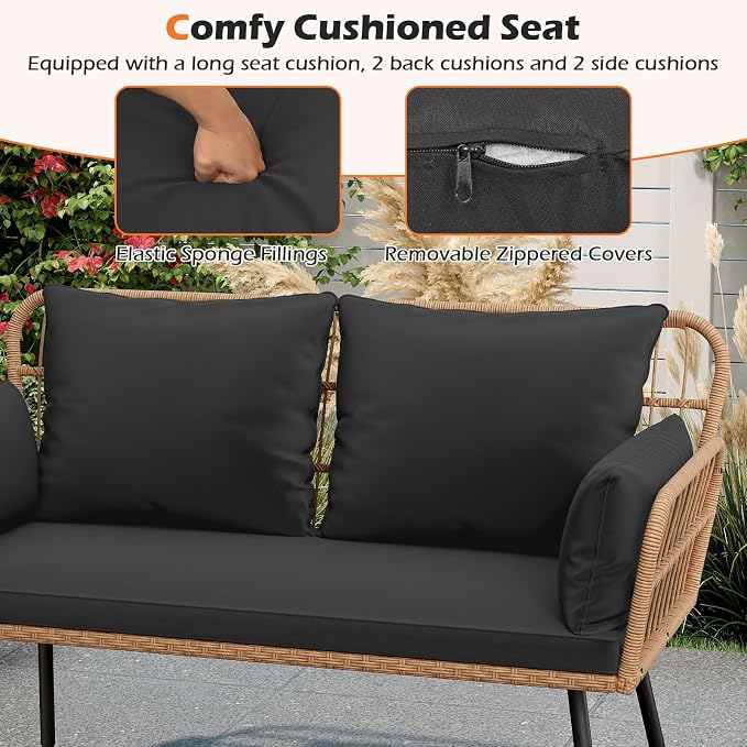 Tangkula Patio Wicker Loveseat, Outdoor 2-Seater PE Rattan Sofa with Pillows, Cushions, Metal Frame & Adjustable Foot Pads, 660 lbs Outside Couch for Porch, Backyard & Poolside (Black, 50.5" L)