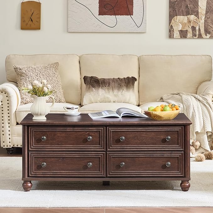 RWYHG 48" Farmhouse Coffee Table with Hidden Storage,Wooden Coffee Tables with 4 Drawers & Roman Column Handle,Rectangular Rustic Center Table with Solid Wood Curved Base for Living Room,Office,Walnut