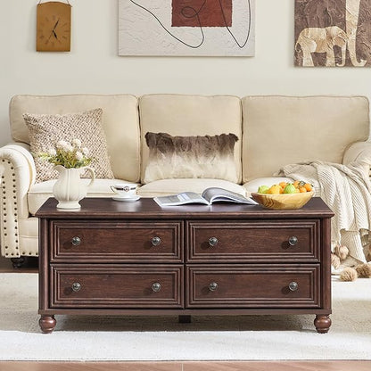 RWYHG 48" Farmhouse Coffee Table with Hidden Storage,Wooden Coffee Tables with 4 Drawers & Roman Column Handle,Rectangular Rustic Center Table with Solid Wood Curved Base for Living Room,Office,Walnut
