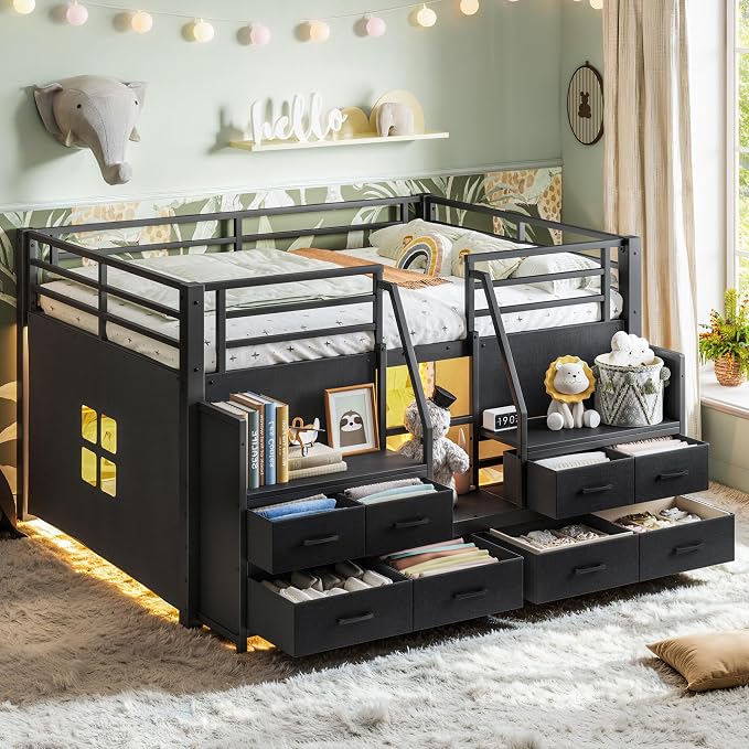 Bellemave Full Low Loft Bed,Metal Kids Loft Bed Frame for Boys Girls,Black | Fabric Drawers,LED Lights,Storage Shelves,Under-bed Space,Space-saving