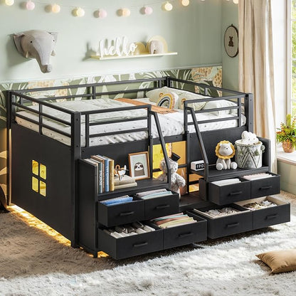 Bellemave Full Low Loft Bed,Metal Kids Loft Bed Frame for Boys Girls,Black | Fabric Drawers,LED Lights,Storage Shelves,Under-bed Space,Space-saving