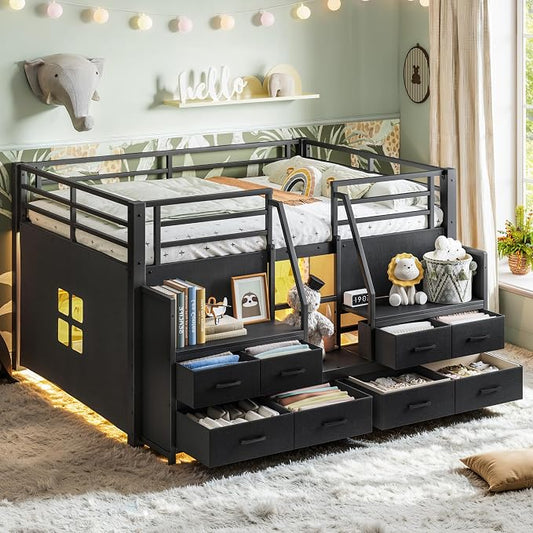 Bellemave Full Low Loft Bed,Metal Kids Loft Bed Frame for Boys Girls,Black | Fabric Drawers,LED Lights,Storage Shelves,Under-bed Space,Space-saving