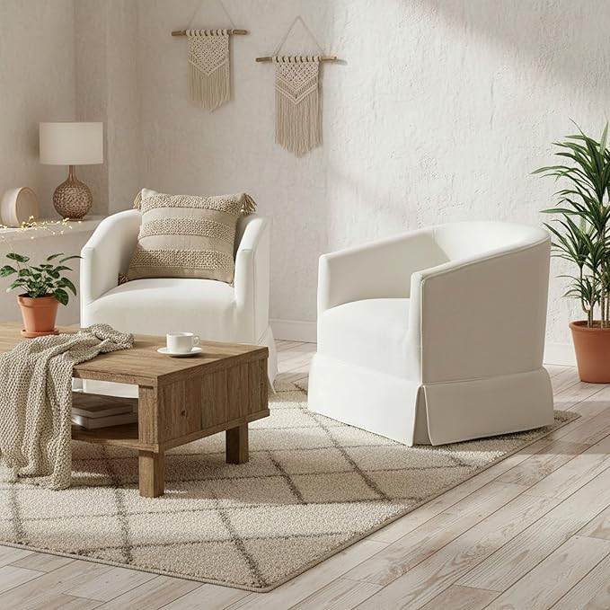 Swivel Accent Chairs Set of 2 for Living Room, 360° Upholstered Barrel Swivel Chairs with Skirted Base, Modern Linen Armchairs for Bedroom, Reading Nook, Small Space, White