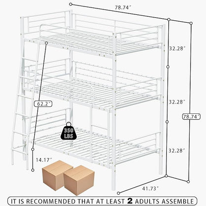 Metal Triple Bunk Bed,Twin Over Twin Bunk Bed for 3, Separates Into 3 Beds with Guardrail and Ladder, Heavy Duty Triple Bed Frame Suitable for Teenager/Adults, No Box Spring Needed(C-White)
