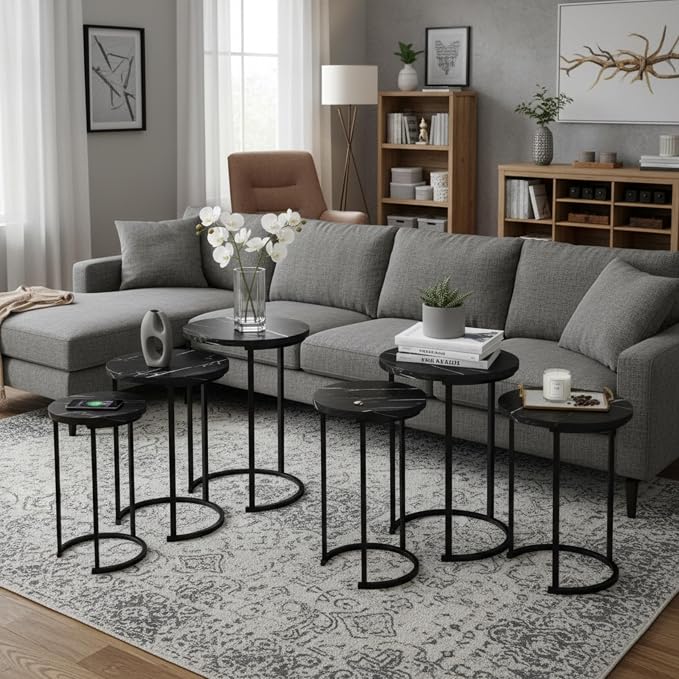 Lavish Home Nesting Tables - Set of 6 Modern Round Side Tables with Faux Marble Tops - Space Saving Accent Table Set for Living Room, Bedroom, or Home Office (Black)
