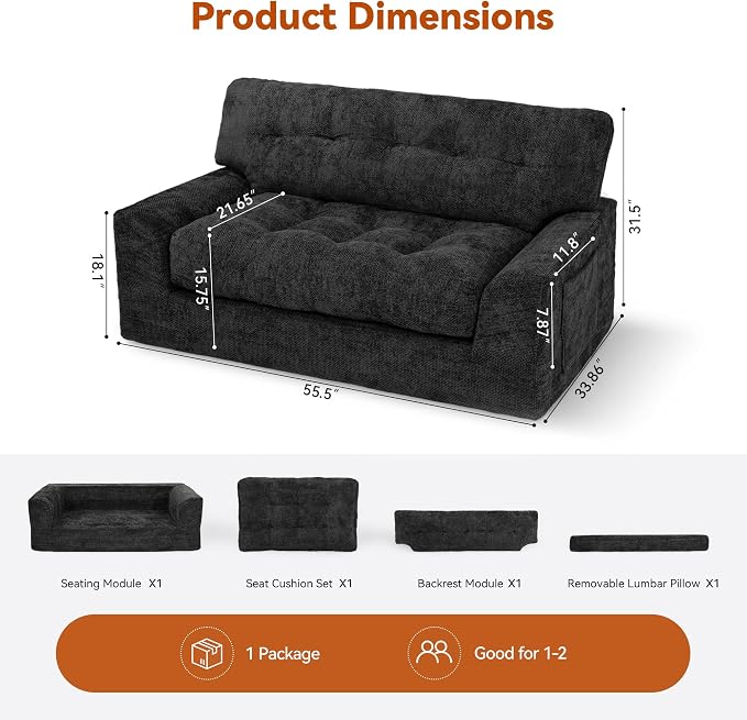 MONVANE 55.5" Convertible Loveseat Sofa, Comfy Chenille Cloud Couch with Storage Pocket, Modern Deep Seat Boneless Couch, 2 Seater Sofa for Living Room, No Assembly Required, Black