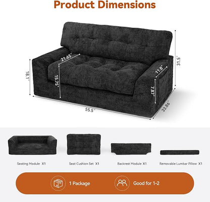 MONVANE 55.5" Convertible Loveseat Sofa, Comfy Chenille Cloud Couch with Storage Pocket, Modern Deep Seat Boneless Couch, 2 Seater Sofa for Living Room, No Assembly Required, Black