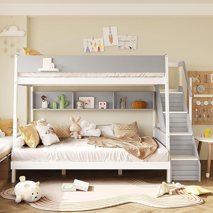 Wood Bunk Bed Full XL Over Queen with Staircase and Side Shelves | Light Strip Included, Striped-Design Stairs, Kids Teens Adults, Space-Saving Design, Versatile Bed Frame