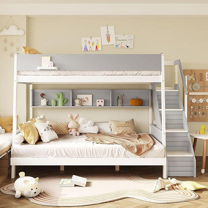 Wood Bunk Bed Full XL Over Queen with Staircase and Side Shelves | Light Strip Included, Striped-Design Stairs, Kids Teens Adults, Space-Saving Design, Versatile Bed Frame