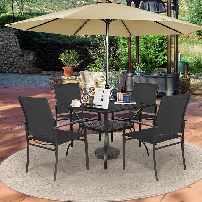 SUNCROWN 6 - Piece Outdoor Dining Set, Patio Furniture Set with 4 Textilene Dinning Chairs, 1 Steel Slat Metal Bistro Table and 1 Brown 9Ft Patio Umbrella for Lawn Garden Backyard Deck, Black