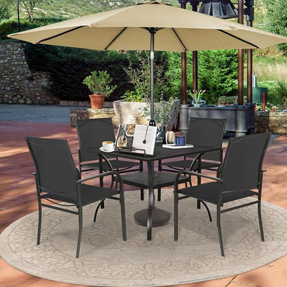 SUNCROWN 6 - Piece Outdoor Dining Set, Patio Furniture Set with 4 Textilene Dinning Chairs, 1 Steel Slat Metal Bistro Table and 1 Brown 9Ft Patio Umbrella for Lawn Garden Backyard Deck, Black