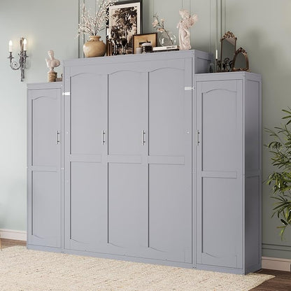 Merax Queen Size Wood Murphy Bed, with 2 Wardrobe and Storage Shelf, Multifunctional Foldable Wall Platform Bedframe for Guest-Room, Bedroom, Gray