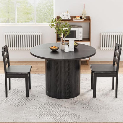 43-95 Inch Oval Extendable Dining Table for 4-10, Fluted Space Saving Long Round Kitchen Table with 3 Leaf, 2 Storage, Mid Century Modern Dining Room Dinner Table for Living Room, Black