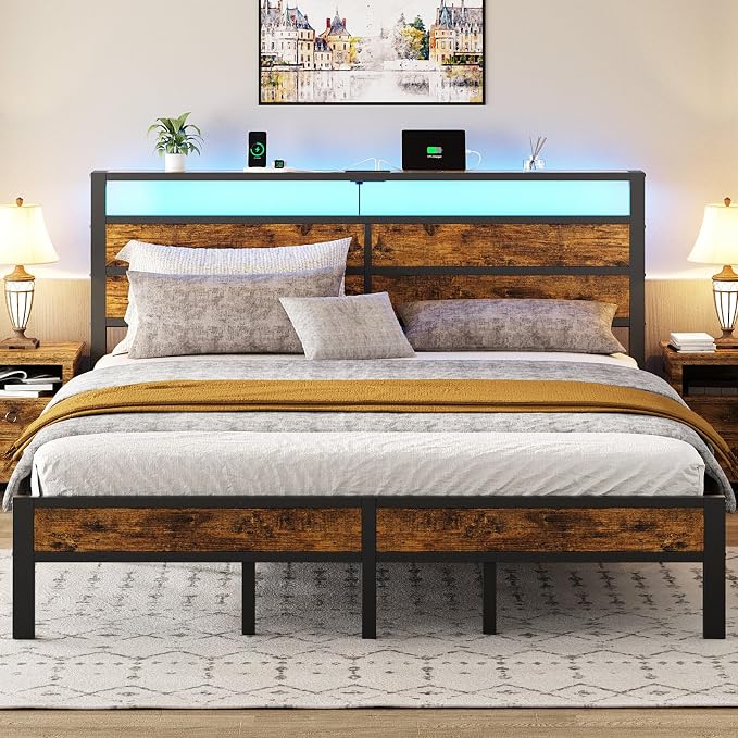 Liians King Size Bed Frame with Storage Headboard, LED Lights USB C Charging Station, Heavy Duty Metal Platform, No Box Spring Needed, Noise Free & Easy Assembly