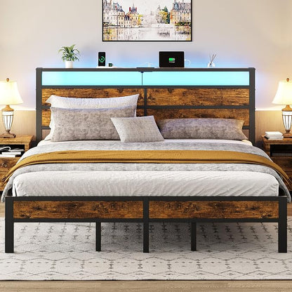 Liians King Size Bed Frame with Storage Headboard, LED Lights USB C Charging Station, Heavy Duty Metal Platform, No Box Spring Needed, Noise Free & Easy Assembly