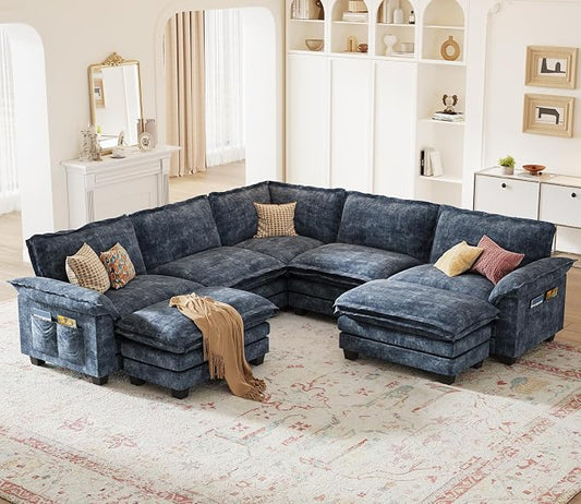KKL Large V-Shaped Modular Sectional Sofa, 7 Seater Oversize Cloud Couch with Ottoman, Chenille Sectional Couches for Living Room, Apartment, Blue