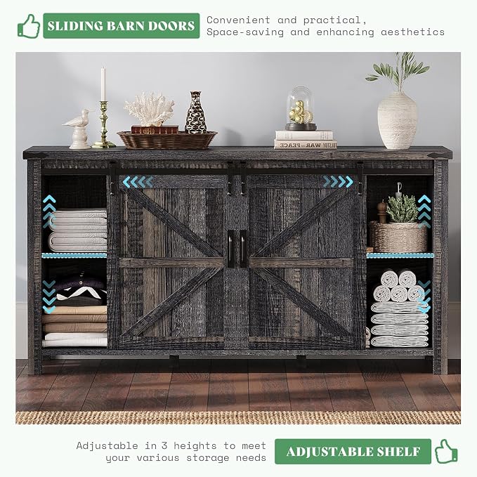 AMERLIFE 5-Piece Farmhouse Bedroom Furniture Set, Dresser & Nightstand Set of 2 with Storage Cabinet & Sideboard, Sliding Barn Door Wood Bedroom Set for Bedroom/Living Room, Black Oak