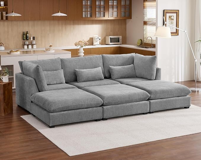 115" Oversized Chenille Couch Modular Sectional Sofa, Washable Cloud Couch Sectional with 3 Ottoman, 6 Seater Sectional Couches for Living Room, Fully Cover Removable, Sleeper Sofa, Chenille, Grey