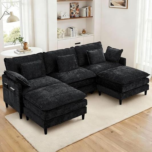 113" Chenille Modular Sectional Sofa, Convertible L Shaped Modular Sofa Comfy Cloud Couch with Ottoman, Side Pockets and 5 Throw Pillows for Living Room (Black, 113" - 5 Seats)