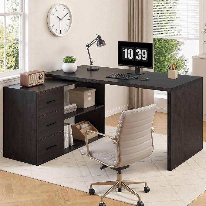 HSH Dark Grey L Shaped Computer Corner Desk with 3 Storage Drawers 55 inch | Reversible Home Office Corner Desk with 2 Open Side Shelves Modern Wood Executive L Desks for Bedroom,Study Workstation