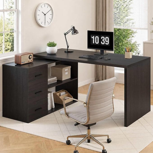 HSH Dark Grey L Shaped Computer Corner Desk with 3 Storage Drawers 55 inch | Reversible Home Office Corner Desk with 2 Open Side Shelves Modern Wood Executive L Desks for Bedroom,Study Workstation